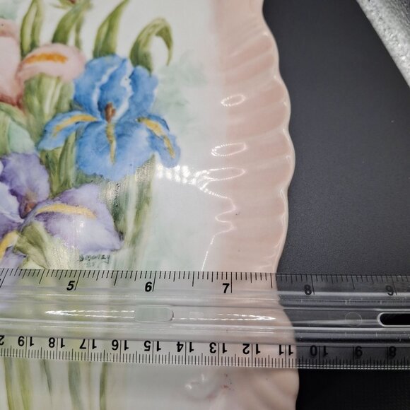 Decorative Hand-Painted Porcelain Floral Tray Signed By Smorey 1985 Iris Pattern - Picture 7 of 7